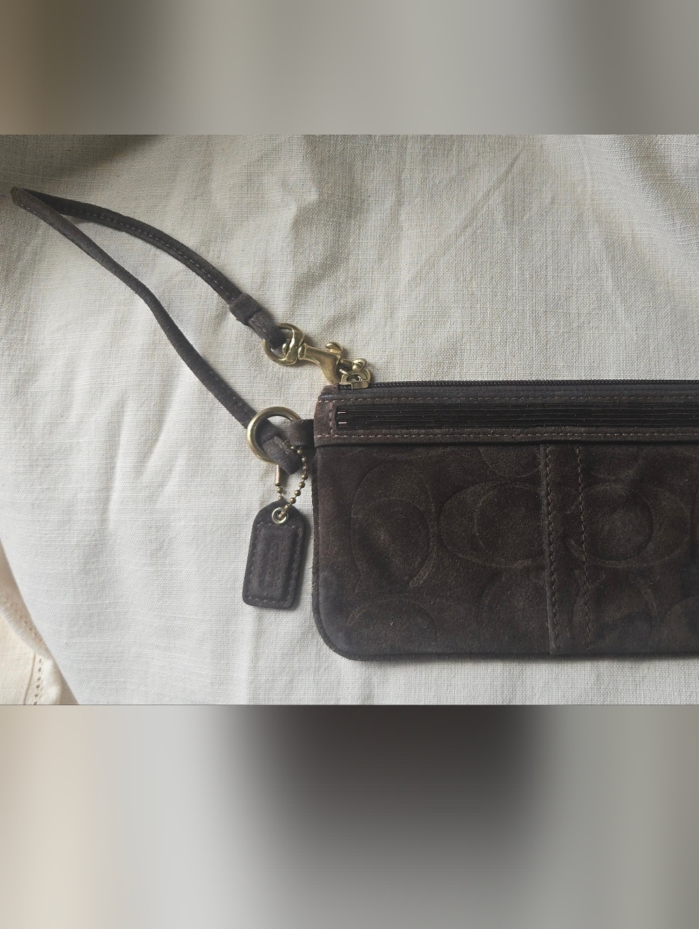 Coach Brown Suede Wristlet with Gold Hardware